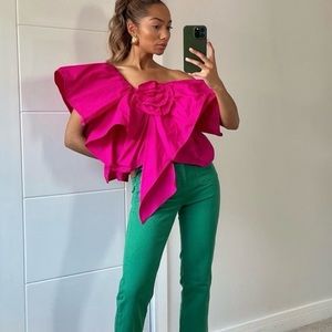 Zara Fuchsia 3D ROSE RUFFLED ASYMMETRIC TOP